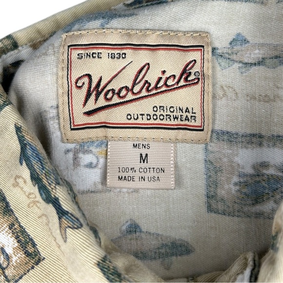 Woolrich Vintage Button Up Short Sleeve Shirt Men’s Size Medium Fish Print - Picture 7 of 8